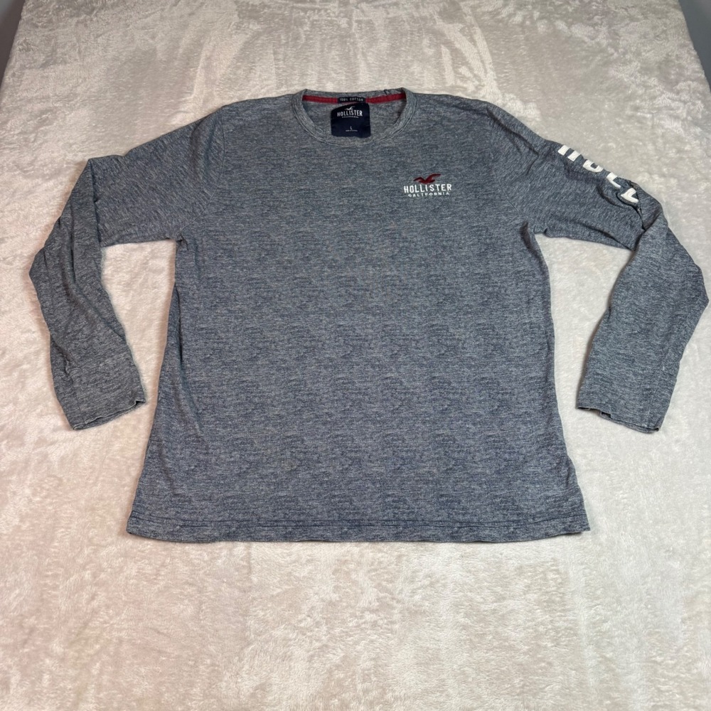 Hollister California Mens Long Sleeve Graphic Tee Blue Heather Large Y2K